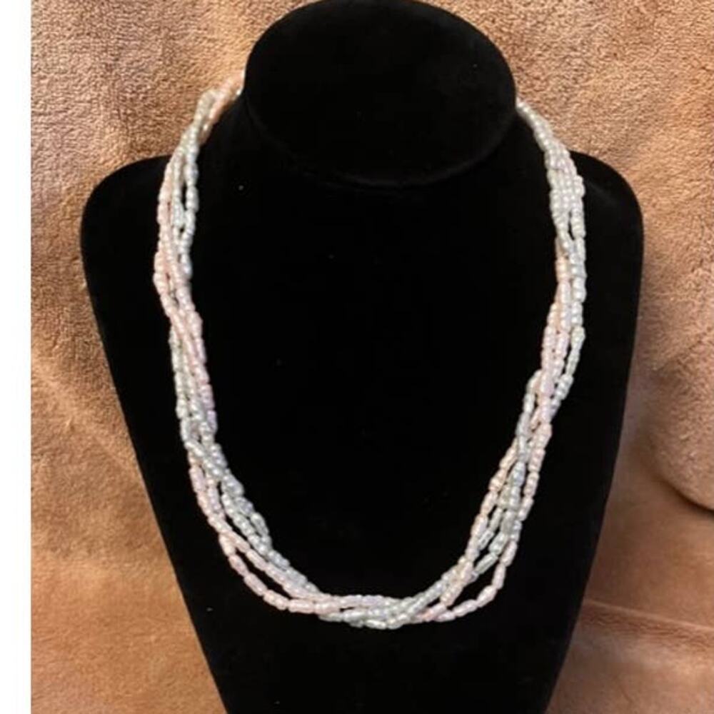 Vintage Multi Strand, Colored Rice Pearls 18" Choker w/Gold Ring Clasp